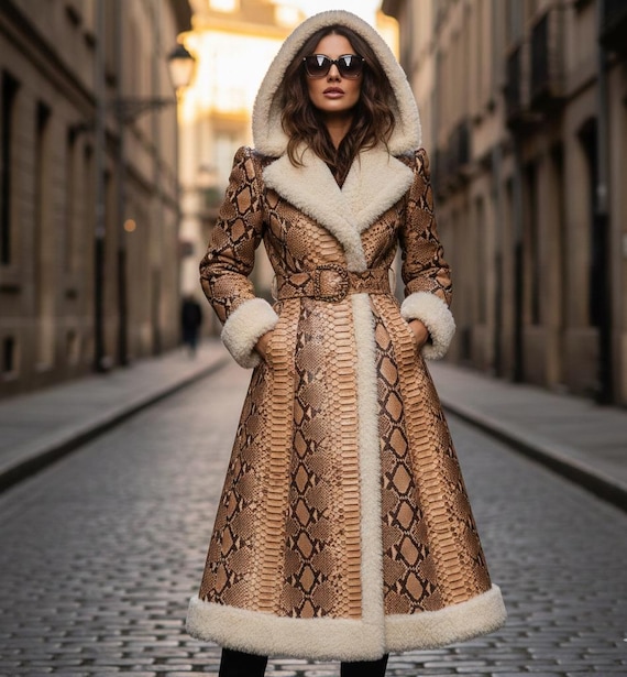 Snakeskin Leather Trench Coat | Hooded Python Print, Fur Trim - Etsy