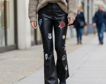 Women's Black Leather Patchwork Flare Pants – Y2K Streetwear Bell Bottoms