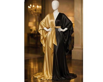 Vestido largo tipo caftán de seda dorado y negro, vestido abaya de noche de lujo