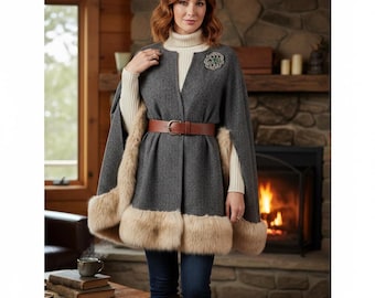Belted Wool Capelet with Faux Fur Trim | Elegant Winter Shawl