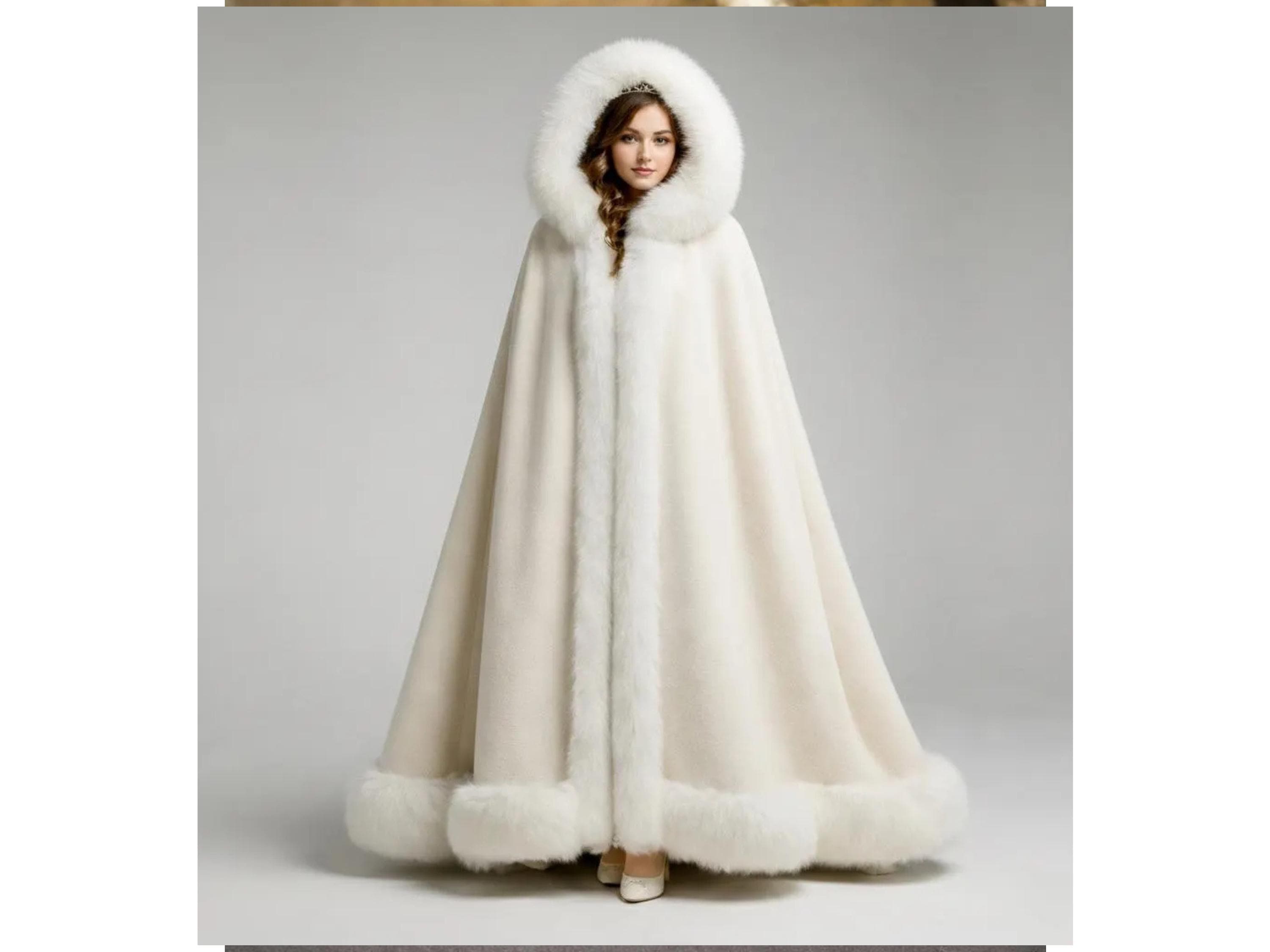 White Wool Bridal Cape with Faux Fur Trim, Winter Wedding Cloak, Elegant Formal Wear