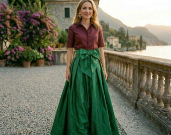 Falda larga de seda para mujer – Falda de seda de talle alto con lazo, falda larga elegante, falda de verano de lujo, conjunto de falda formal fluida