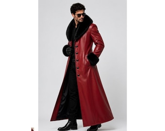 Handmade Men's Red Leather Long Coat Faux Fur Collar Winter Overcoat Custom Made