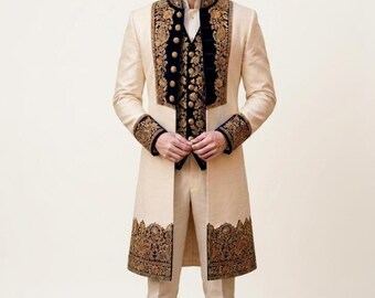 Men’s Ivory Prince Coat Set with Vest & Pant, Embroidered Sherwani Suit for Groom, Royal Wedding Outfit, Luxury Indo Western Menswear
