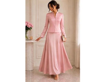 Blush Pink Silk Tailored Coat and Maxi Skirt Set – Modest Formal Evening Wear