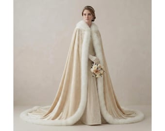 Capa nupcial de terciopelo color marfil con ribete de piel, capa nupcial de lujo, chal nupcial de invierno, elegante capa larga para la novia, hecha a medida.