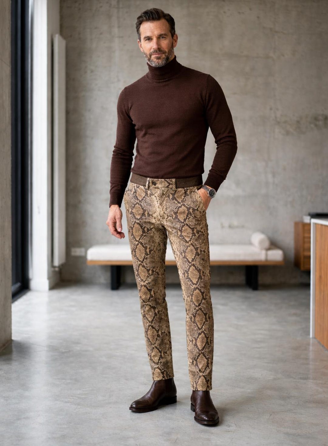 Men’s Snakeskin Leather Pants, Python Print Trousers, Slim Fit Leather ...
