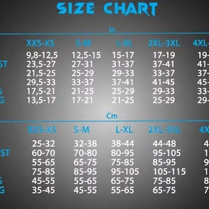 May include: A size chart with measurements in inches and centimeters. The chart includes measurements for neck, underbust, waist, hips, upper leg, and lower leg, with sizes ranging from XXS-XS to 4XL-5XL.