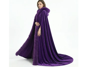 Purple Velvet Cape Cloak with Faux Fur Trim – Hooded Royal Cloak, Luxury Winter Cape, Gothic Fantasy Coat, Medieval Bridal Wrap