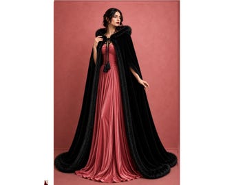 Velvet Hooded Cape, Faux Fur Trim, Gothic Medieval Renaissance Costume, Custom Made