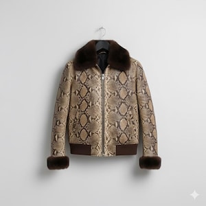 May include: A snakeskin-effect bomber jacket with a brown fur collar and cuffs. The jacket features a zip closure and a brown ribbed hem. It is hanging on a black hanger against a white backdrop.