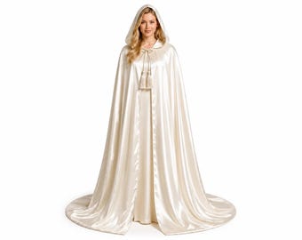 Ivory Silk Hooded Cape Cloak, Bridal Wedding Cape, Satin Bridal Cloak, Medieval Fantasy Hooded Cape, Elegant Formal Wrap