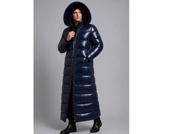 Men Glossy Long Puffer Coat: Faux Fur Hood, Quilted Winter Parka
