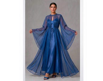Vestido superpuesto de organza para mujer – Vestido largo transparente con mangas tipo capa, capa fluida de organza, atuendo modesto para ocasiones especiales.