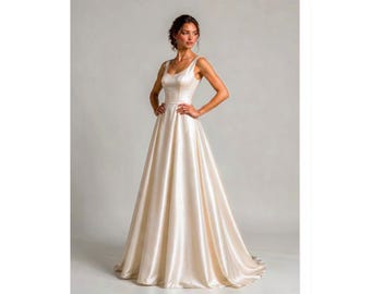 Ivory Silk Satin A-Line Wedding Dress, Minimalist Bridal Gown