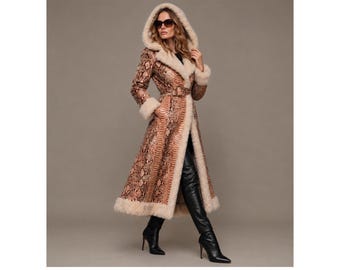 Women’s Snake Print Coat, Faux Fur Trim Hooded Winter Coat, Long Belted Statement Jacket, Vintage Glam Outerwear