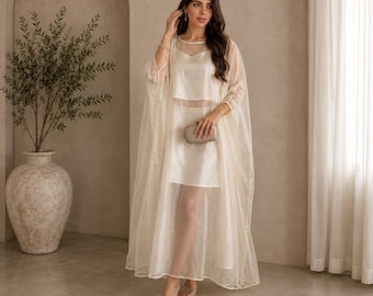 Sheer Organza Maxi Overlay Dress, Handmade Bridal Kaftan Cover Up