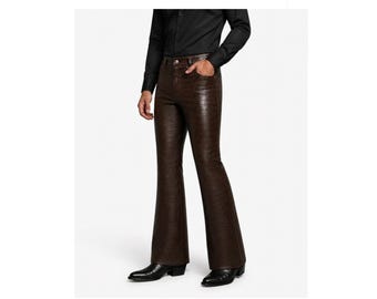Men Crocodile Leather Pants Bootcut, Croc Embossed Leather Trousers, Brown Leather Pants Men, Biker Leather Pants, Vintage Flare Pants