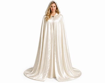 Ivoorzijde cape met capuchon, bruidskaap, satijnen bruidsmantel, middeleeuwse fantasie cape met capuchon, elegante formele wrap