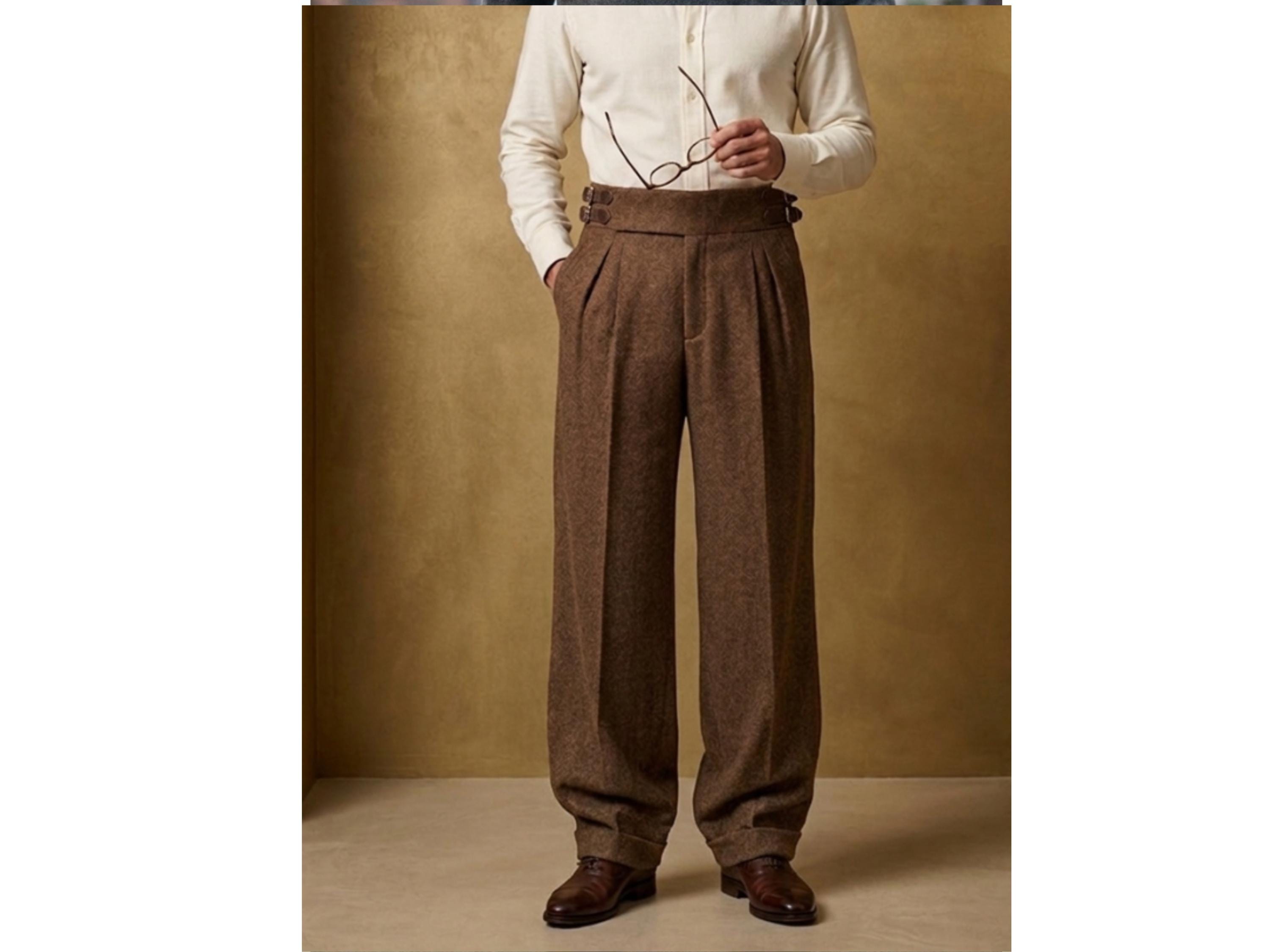 Mens Wool Trousers, Vintage High Waist Pleated Pants, Classic