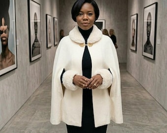 Women's Wool Cape with Fur Trim Cuffs – Elegant Winter Poncho Coat