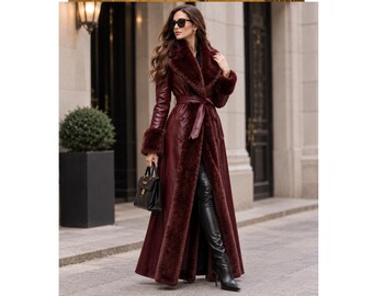 Belted Genuine Leather Trench Coat |Faux Fur Trim Winter Outerwear