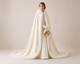 Ivory Velvet Bridal Cape with Faux Fur Trim, Luxury Wedding Cloak, Winter Bride Wrap