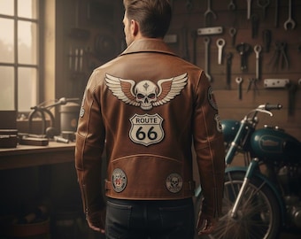 Distressed Brown Leather Biker Jacket | Vintage Cafe Racer with Patches