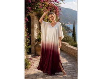 Vestido caftán de seda premium, vestido maxi de seda con efecto degradado bicolor, vestido de noche de seda color burdeos y marfil, ropa de resort de lujo, elegante caftán de noche.