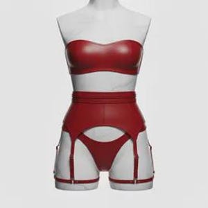 May include: A red faux leather lingerie set displayed on a white mannequin. The set includes a strapless bra, high-waisted garter belt, and matching underwear. The garter belt features suspender straps and metal hardware.