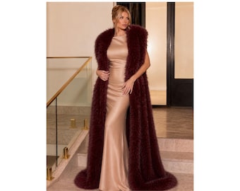 Luxury Faux Fur Stole, Burgundy Faux Fur Wrap, Wine Red Bridal Stole, Shaggy Faux Fur Shoulder Wrap, Wedding Shawl, Evening Wrap