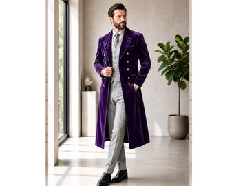 Luxury Velvet Coat for Men, Double Breasted Long Velvet Overcoat, Royal Formal Evening Coat, Vintage Tailored Statement Outerwear