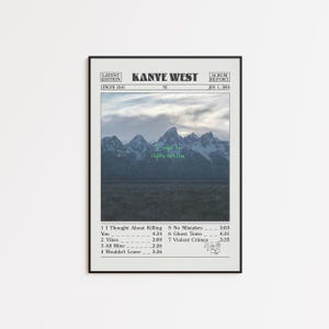 May include: A framed poster featuring the album art for Kanye West's "Ye." The artwork displays a mountain landscape under a cloudy sky, with the album title and tracklist. The poster is in a black frame.