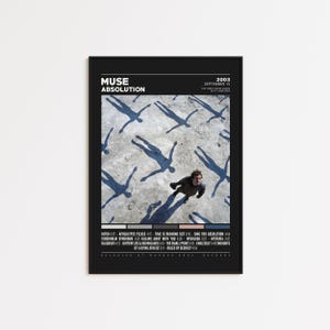 May include: A framed poster for the Muse album "Absolution" from 2003. The poster features a black border and background with the album title and tracklist. The image shows a person surrounded by shadows.