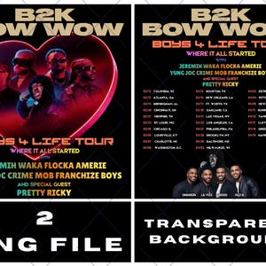 Könnte beinhalten: Ein Werbeplakat für die B2K und Bow Wow Boys 4 Life Tour, mit einer herzförmigen Grafik mit den Bandmitgliedern. Die Tournee umfasst Jeremih, Waka Flocka Amerie, Yung Joc, Crime Mob, Franchise Boys und Pretty Ricky. Das Plakat listet auch Tourdaten auf.