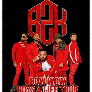 Puede incluir: Gráfico de descarga digital con un grupo de cinco personas vestidas de rojo, con el texto "BOW WOW BOYS 4 LIFE TOUR" en blanco. El fondo es negro, con las palabras "DESCARGA DIGITAL" y "FONDO TRANSPARENTE".