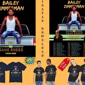 Könnte beinhalten: Werbebild für die "Bailey Zimmerman Same Rodeo Tour 2026". Das Design enthält ein Foto von Bailey Zimmerman, Tourdaten und T-Shirt-Mockups. Der Text "Different Night" ist ebenfalls sichtbar.