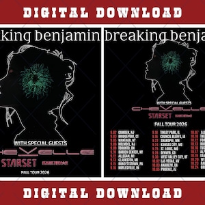 Puede incluir: Póster de concierto de descarga digital con Breaking Benjamin, Chevelle y Starset. El diseño incluye una silueta de perfil femenino con detalles en color teal y una lista de fechas de la gira de otoño de 2026.