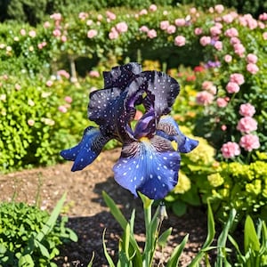 May include: A close-up of a dark blue iris flower with white speckles. The flower has a deep purple center and blue petals with white spots. The background is a garden with pink roses and green foliage.