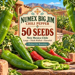 50 NuMex Big Jim Chili Pepper Seeds, New Mexico Hatch Type Chile, Large Green Red Peppers, Ristra, Roasting, Capsicum Annuum