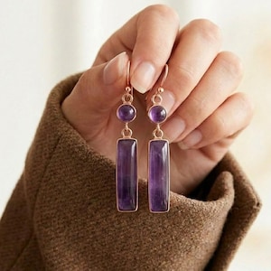 Handgemachte Amethyst Rechteck Ohrringe, Rose Gold überzogener geometrischer Schmuck