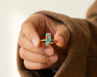 Spiny Oyster Turquoise Ring, 18K Gold Plated Sterling Silver, Modern Southwestern