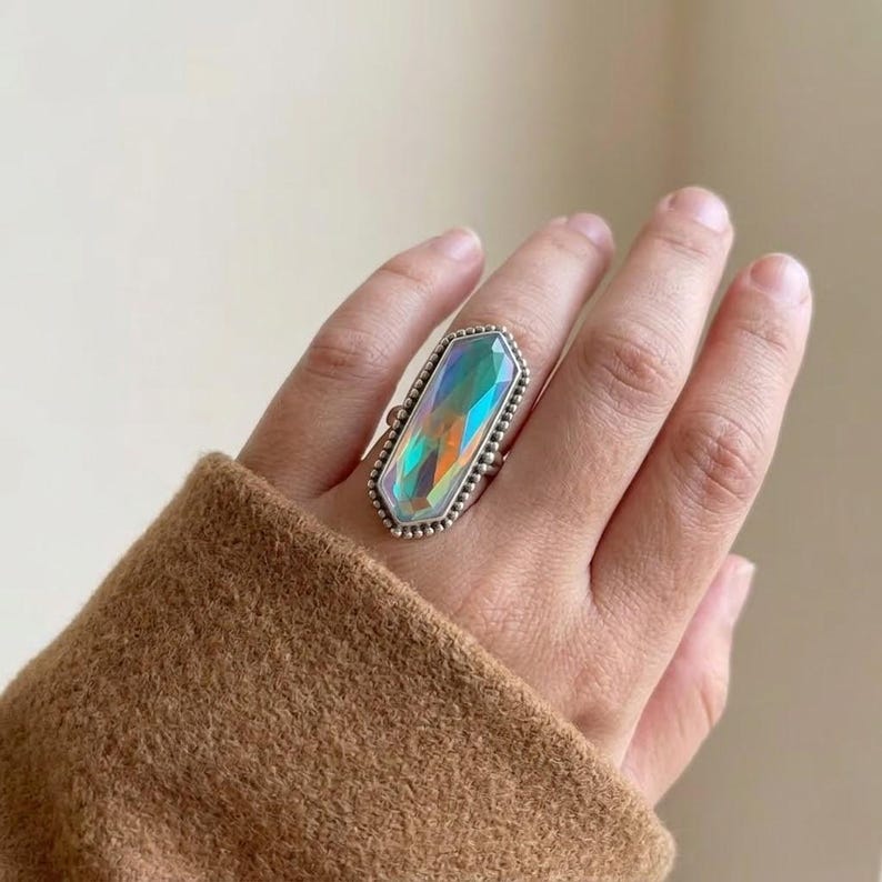 Elongated Hexagon Angel Aura Ring in Sterling Silver Handcrafted Beaded Bezel Statement Ring Faceted Rainbow Crystal Jewelry Bold Geometric