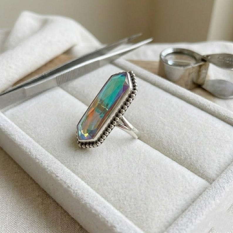 Elongated Hexagon Angel Aura Ring in Sterling Silver Handcrafted Beaded Bezel Statement Ring Faceted Rainbow Crystal Jewelry Bold Geometric