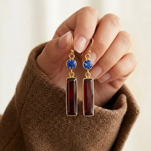 Boucles d'oreilles pendantes saphir bleu grenat, argent sterling plaqué or, bijoux rectangulaires en pierres précieuses