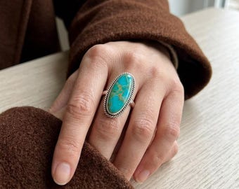 Kingman Turquoise Oval Silver Ring, Sterling , Southwestern Boho Jewelry, Handmade Statement Ring,