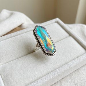 Elongated Hexagon Angel Aura Ring in Sterling Silver Handcrafted Beaded Bezel Statement Ring Faceted Rainbow Crystal Jewelry Bold Geometric