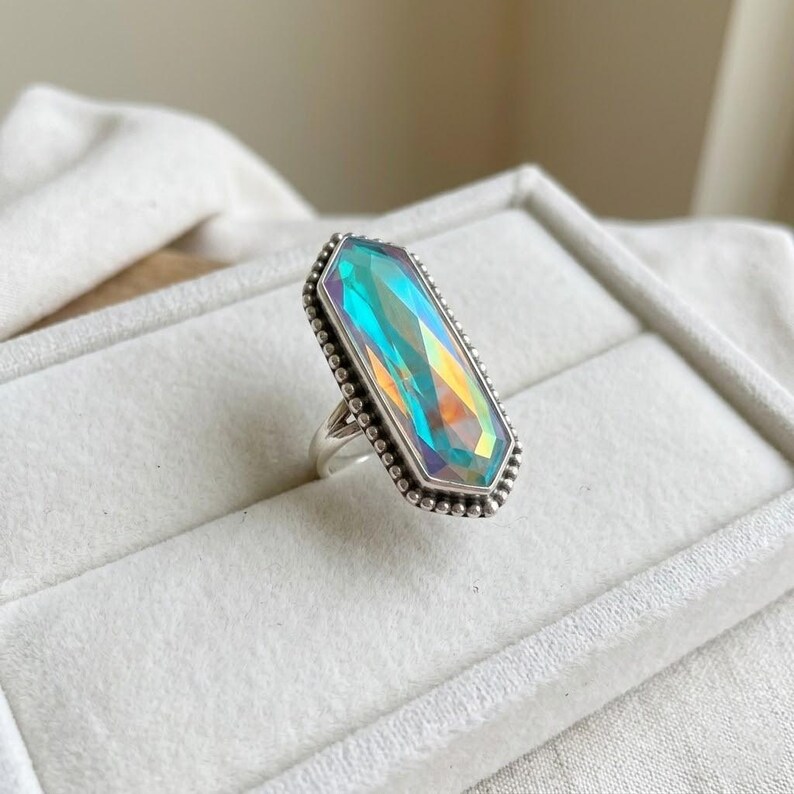 Elongated Hexagon Angel Aura Ring in Sterling Silver Handcrafted Beaded Bezel Statement Ring Faceted Rainbow Crystal Jewelry Bold Geometric