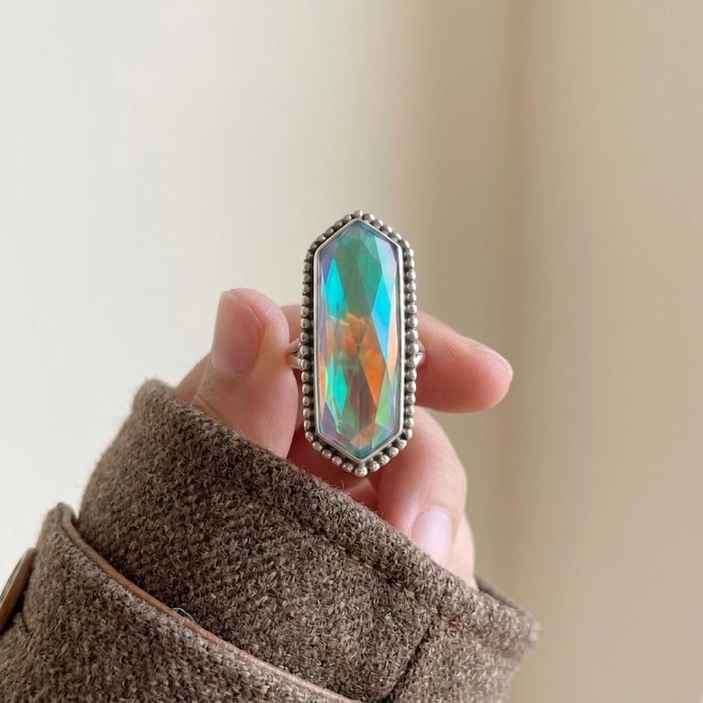 Elongated Hexagon Angel Aura Ring in Sterling Silver Handcrafted Beaded Bezel Statement Ring Faceted Rainbow Crystal Jewelry Bold Geometric
