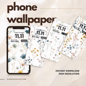 May include: A smartphone displays a floral phone wallpaper design. The wallpaper features delicate watercolor flowers in shades of blue, yellow, and pink against a white background. The time is displayed as 11:11 AM, Friday, January 16th. The text "phone wallpaper" is at the top.